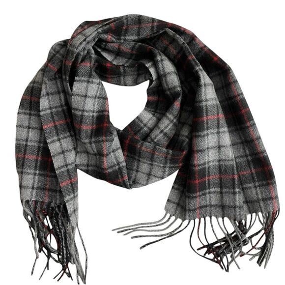 Club Room Cashmere Scarf Mens Gray Red Neck Warmer Fringe *Flaw/Moth Holes - Picture 1 of 8